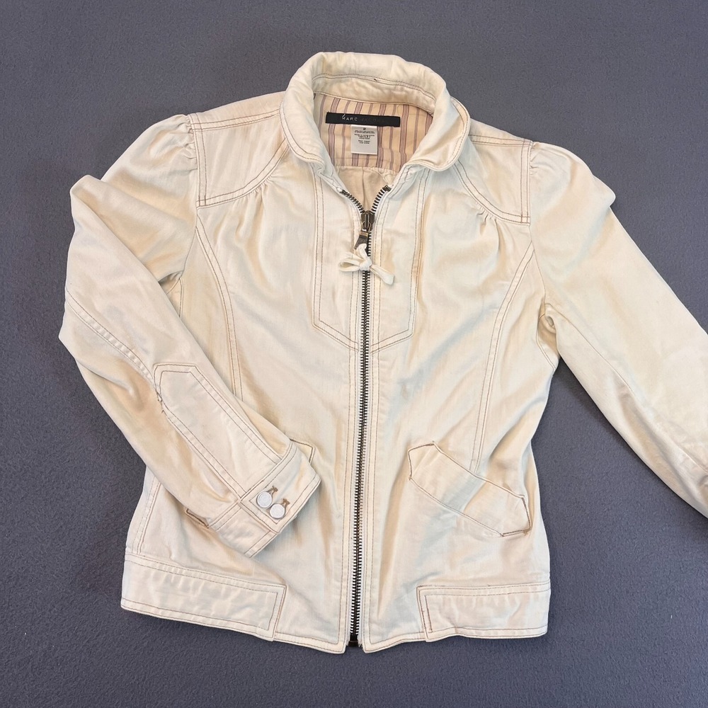 Marc Jacobs White Cream Denim Jean Jacket Womens Small Sz 2 MJ Stitching Embroid